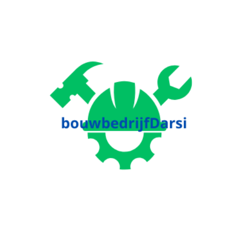 Logo van Bouwbedrijf Darsi met een hamer, moersleutel en tandwiel in groen ontwerp.